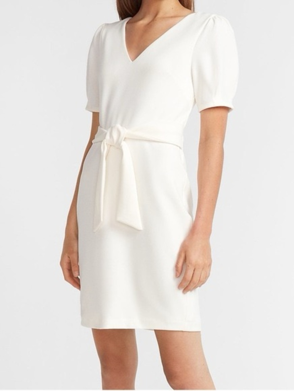 Express White V-Neck Puff Sleeve Tie-Waist Mini Dress